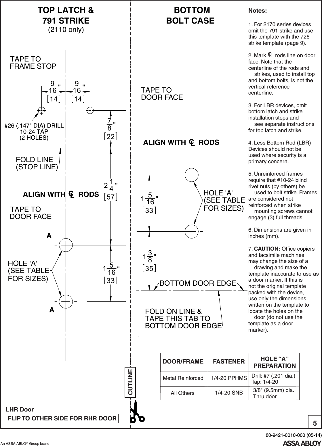 Page 5 of 10 - Yale  2110, 2170, 1810 Surface Vertical Rod Exit Device Installation Instructions 2100seriesinstallation