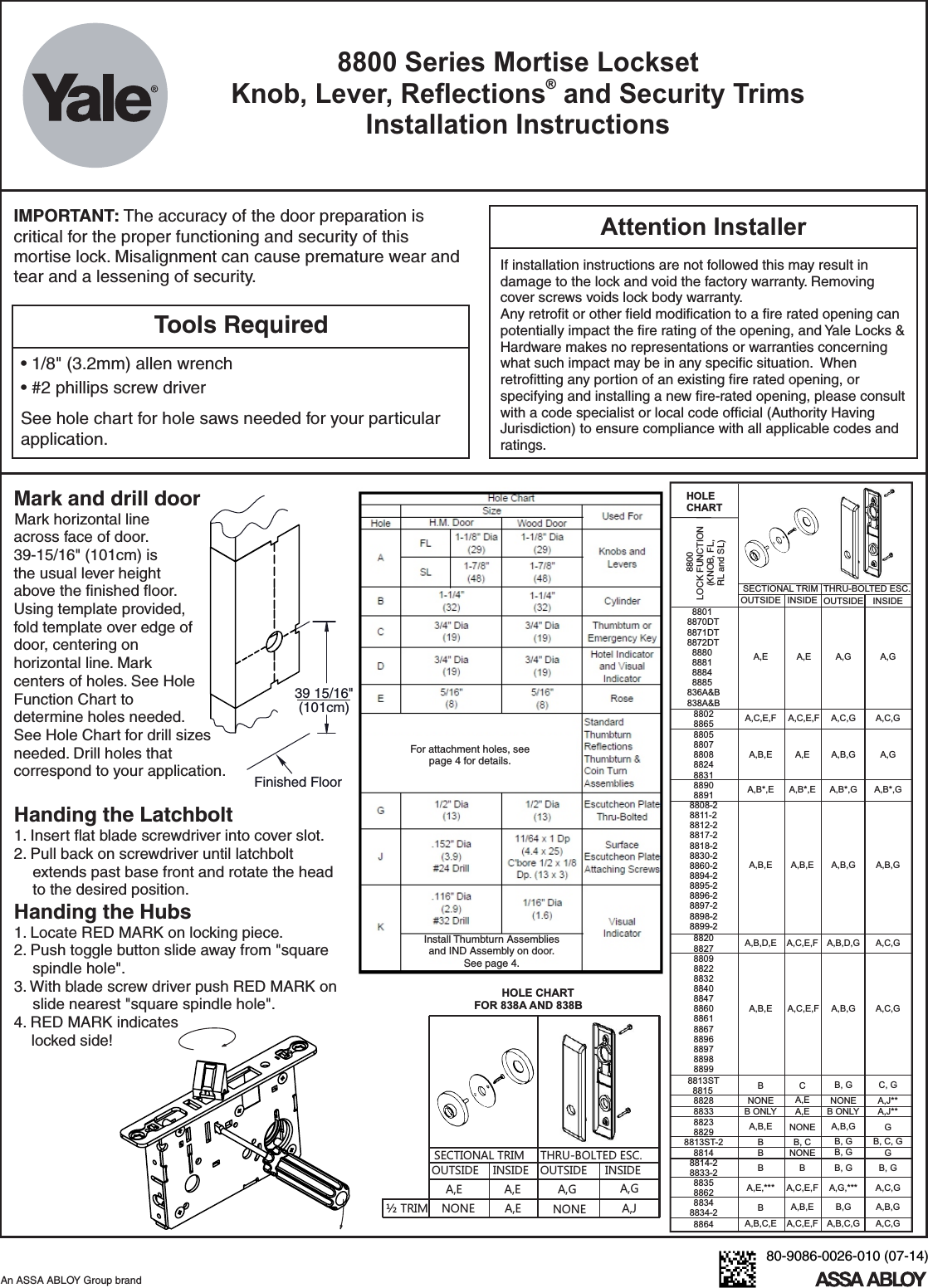 Page 1 of 8 - Yale  8800 Series Mortise Lock Installation Instructions 80-9086-0026-0108800Mortise