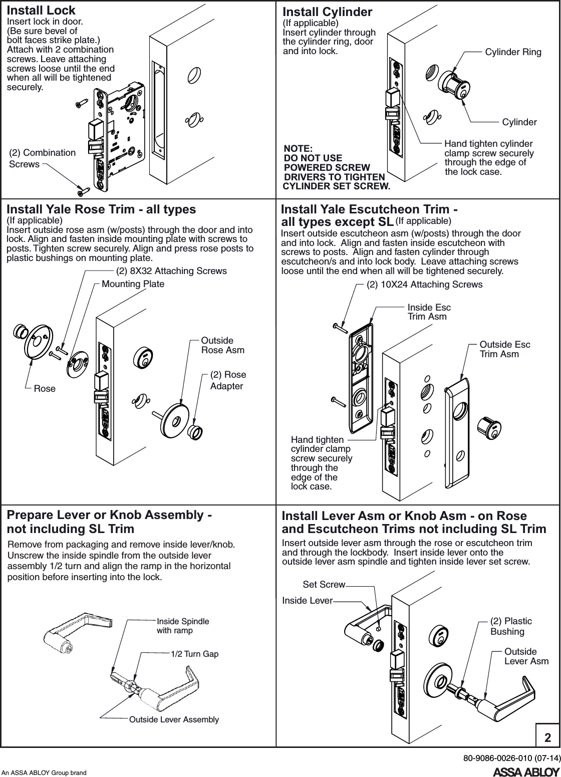 Yale 8800 Series Mortise Lock Installation Instructions 80 9086 0026 