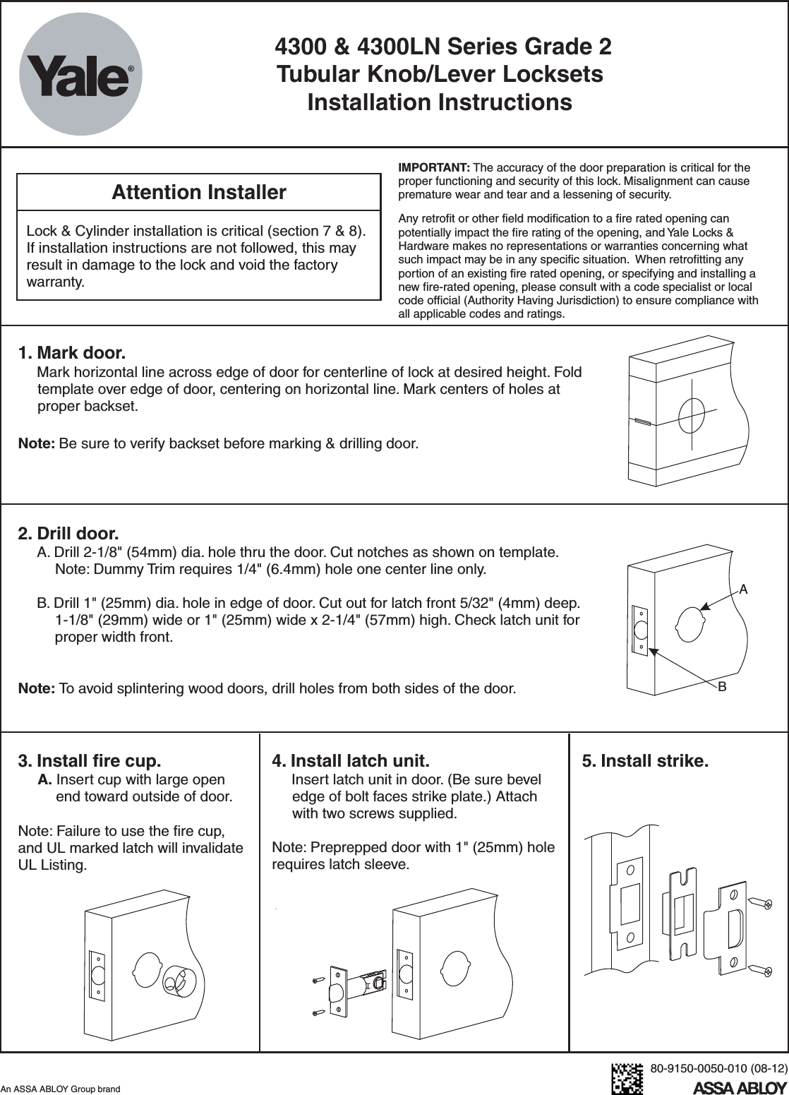 Page 1 of 2 - Yale 80-9150-0050-010 (08-12) 4300/4300LN Series Grade 2 Tubular/Knob/Lever Lock Installation Instructions 80-9150-0050-01008-124300-4300LNknob-lever