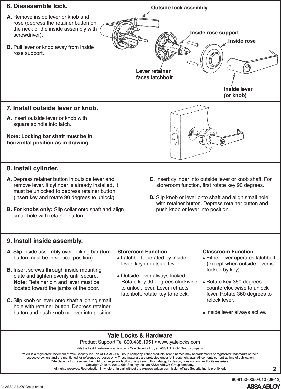 Page 2 of 2 - Yale 80-9150-0050-010 (08-12) 4300/4300LN Series Grade 2 Tubular/Knob/Lever Lock Installation Instructions 80-9150-0050-01008-124300-4300LNknob-lever