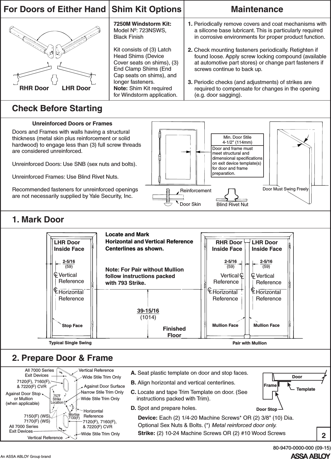 Yale 7100(F), 7150(F)(WS) Rim And Square Bolt Installation Instructions