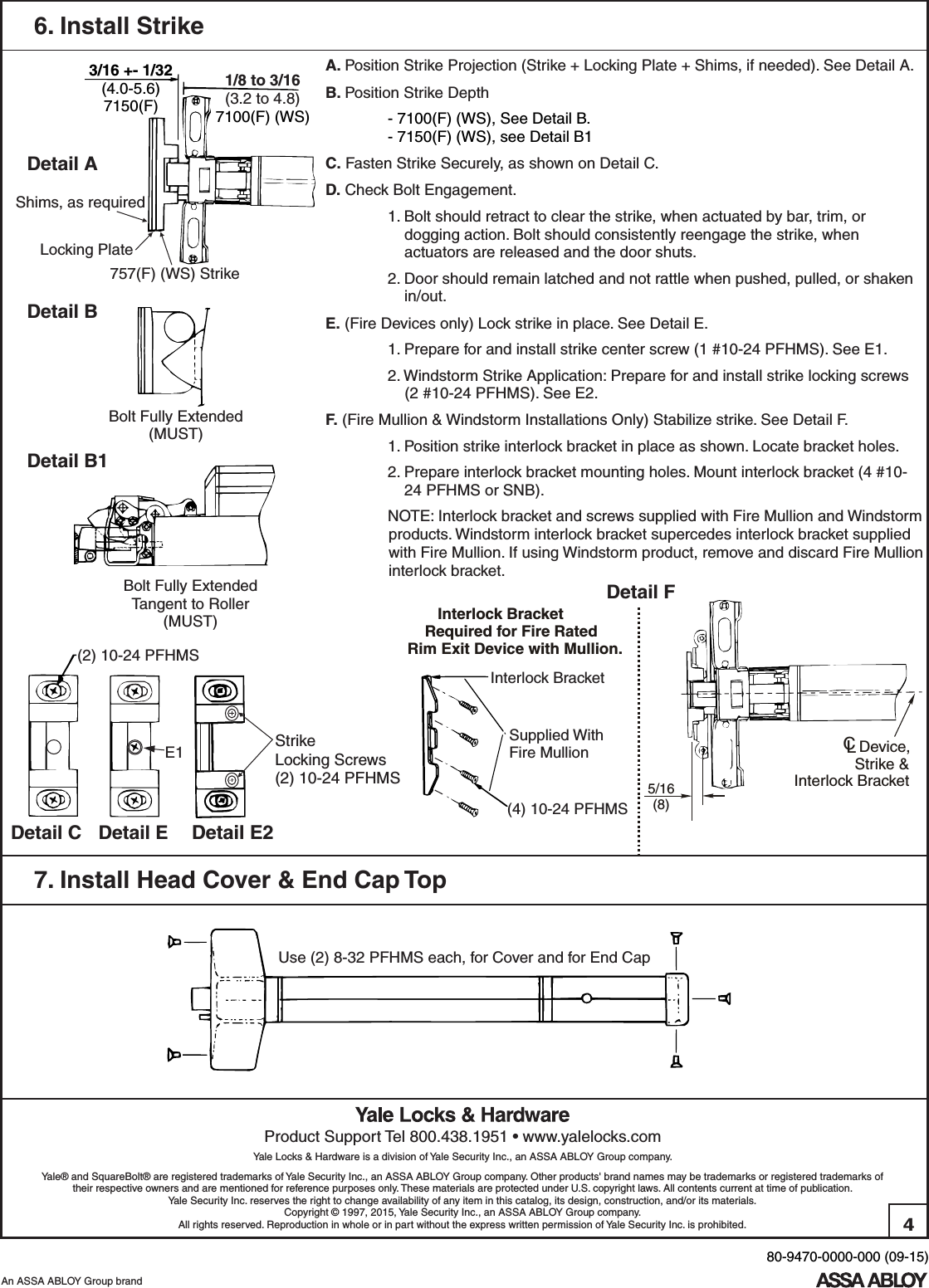 Yale 7100(F), 7150(F)(WS) Rim And Square Bolt Installation Instructions