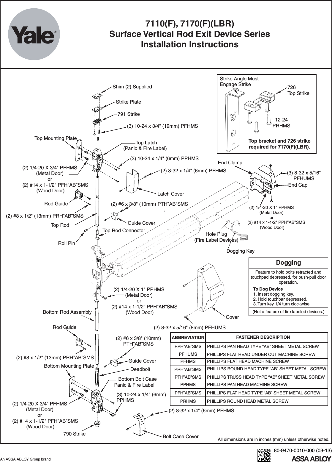 Page 1 of 10 - Yale  7110(F), 7170(F)(LBR) Surface Vertical Rod Exit Device Series Installation Instructions 80-9470-0010-00003-1371107170Exit Devices