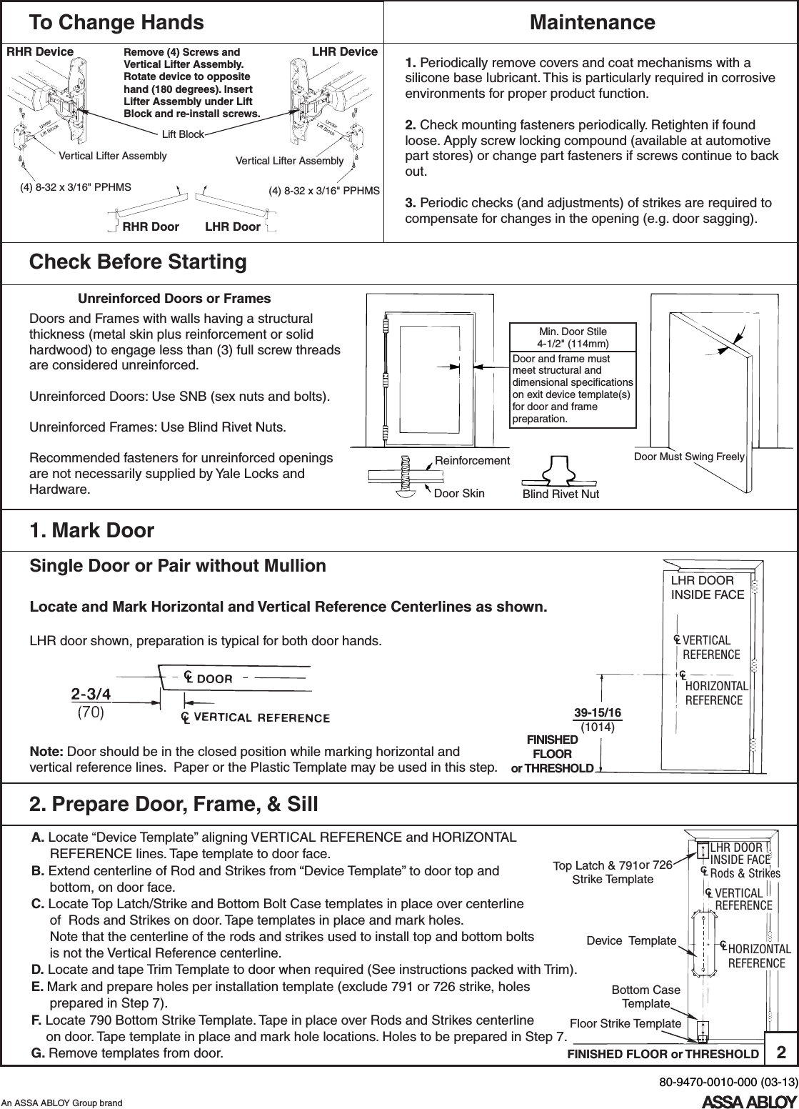 Page 2 of 10 - Yale  7110(F), 7170(F)(LBR) Surface Vertical Rod Exit Device Series Installation Instructions 80-9470-0010-00003-1371107170Exit Devices