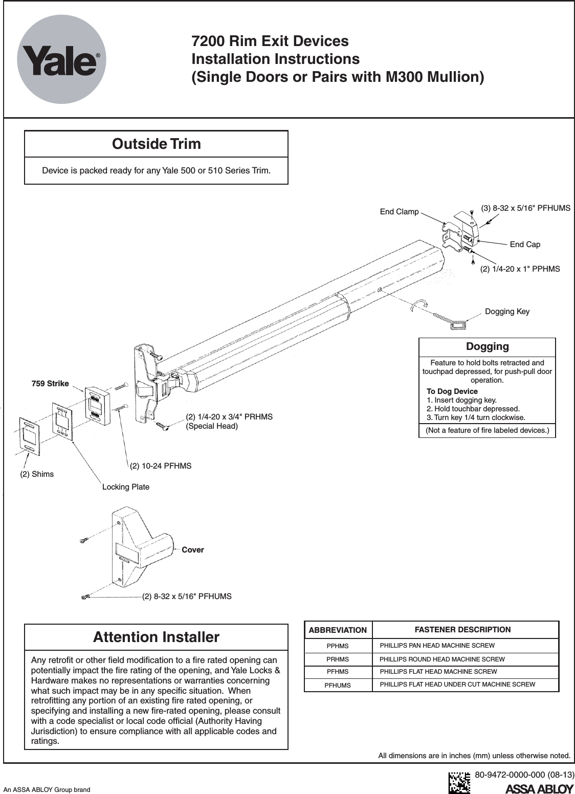 Page 1 of 8 - Yale  7200 Rim Exit Devices Installation Instructions 80-9472-0000-00008-137200Rim