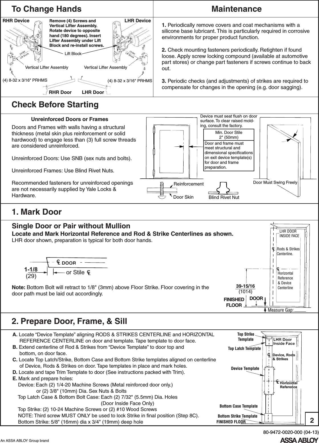 Page 2 of 10 - Yale  7220 Concealed Vertical Rod Exit Device Installation Instructions 80-9472-0020-00004-137220CVRExit Devices