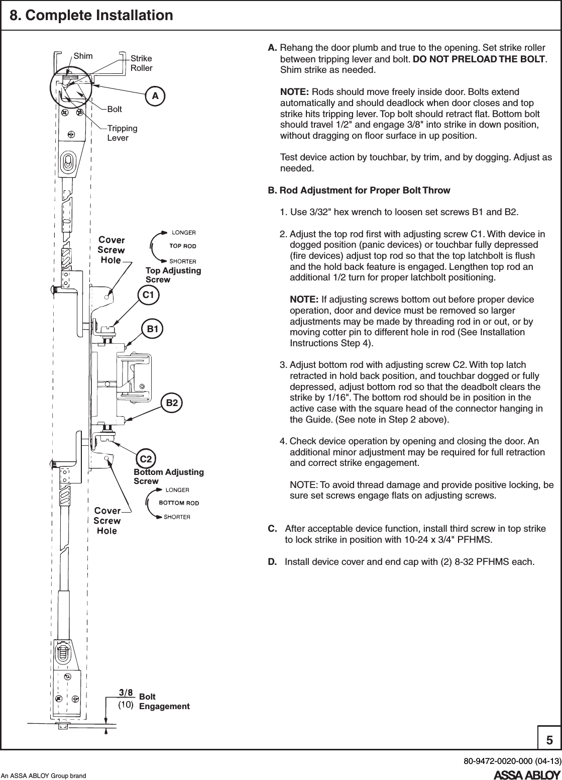 Page 5 of 10 - Yale  7220 Concealed Vertical Rod Exit Device Installation Instructions 80-9472-0020-00004-137220CVRExit Devices