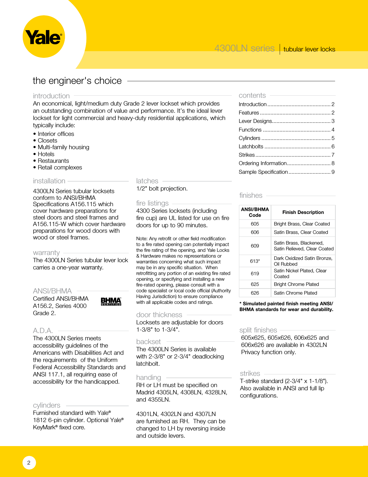 Page 2 of 10 - Yale  4300LN Series - Grade 2 Tubular Lever Locks Web 42122 Cat Lo