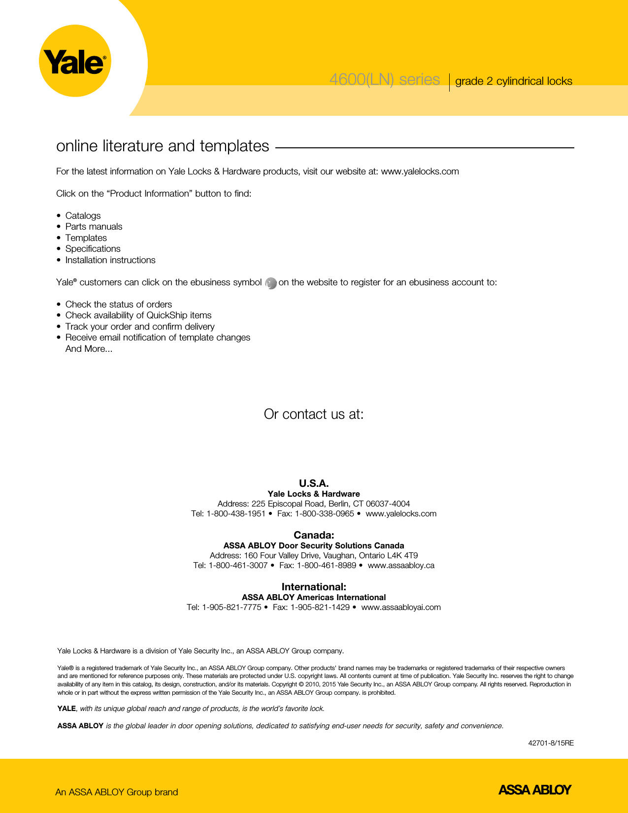 Page 8 of 8 - Yale  4600(LN) Series Grade 2 Cylindrical Locks Web 42701 4600LN Cat Lo