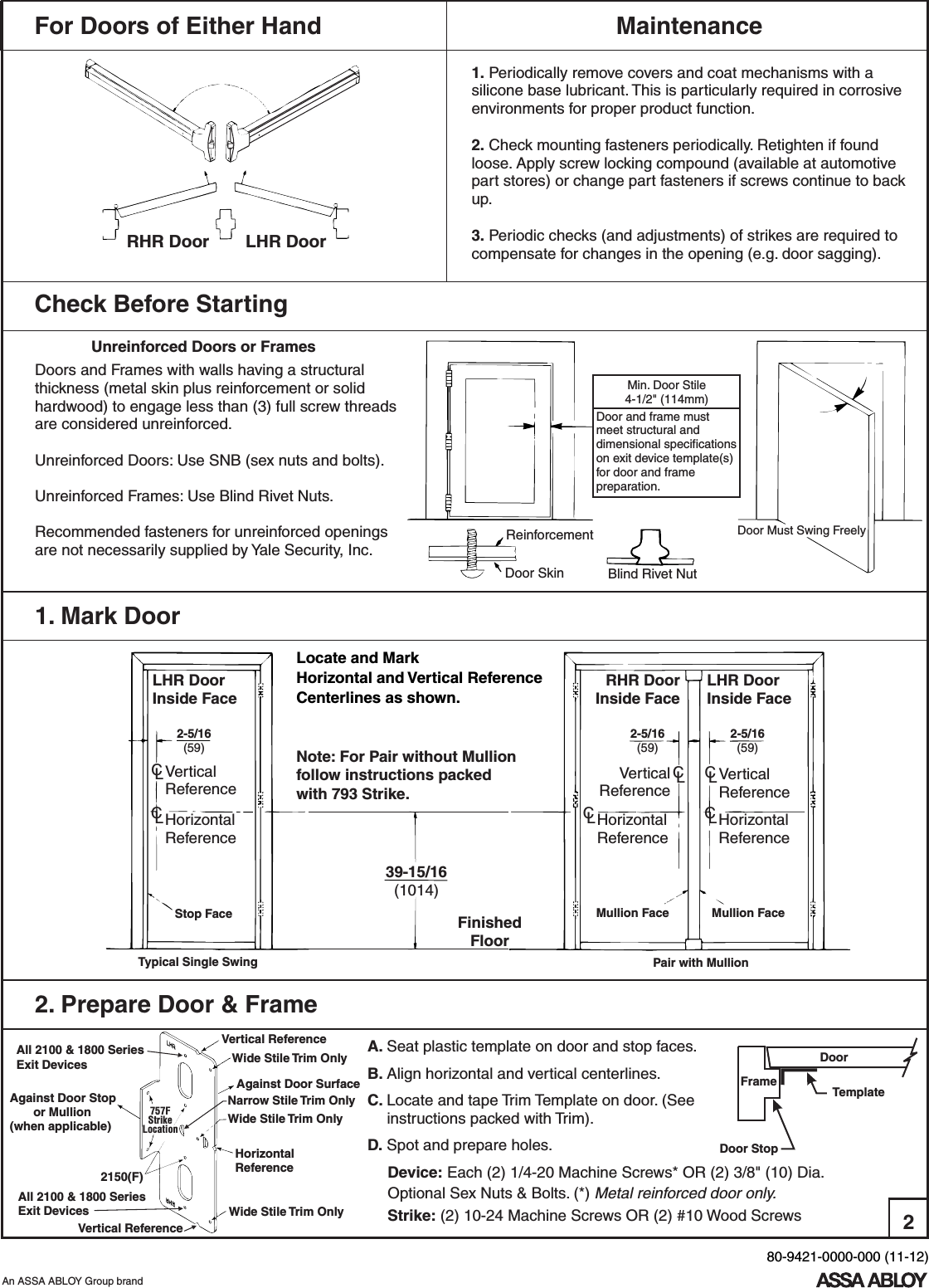 Page 2 of 4 - Yale 80-9421-0000-000 (11-12) 2100, 2150 Square Bolt, And 1800 Rim Exit Device Installation Instructions Yale2100seriesinstallation