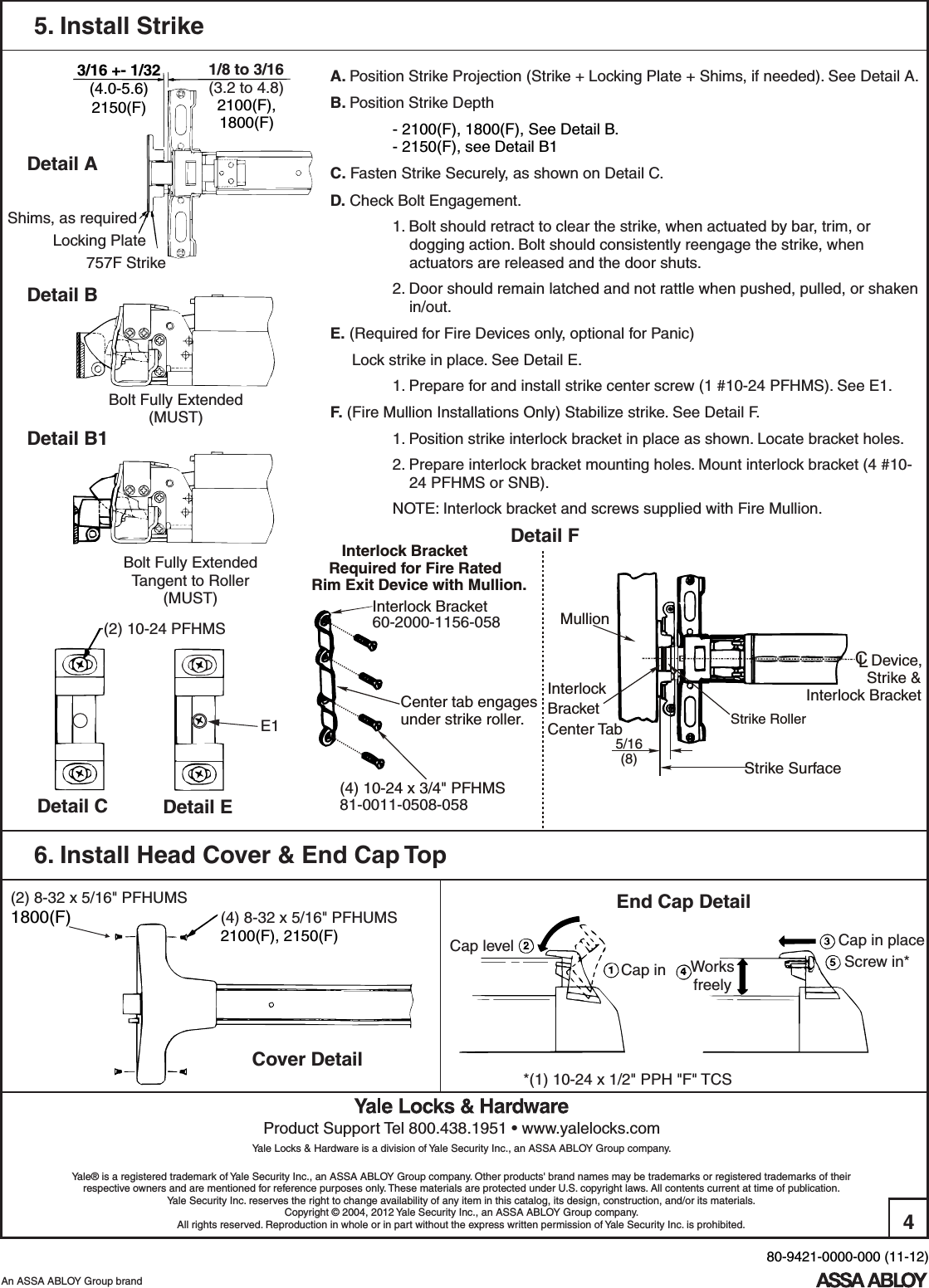 Page 4 of 4 - Yale 80-9421-0000-000 (11-12) 2100, 2150 Square Bolt, And 1800 Rim Exit Device Installation Instructions Yale2100seriesinstallation