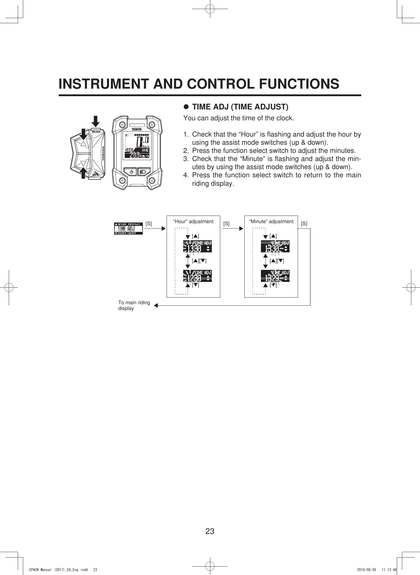 23INSTRUMENT AND CONTROL FUNCTIONS7 TIME ADJ (TIME ADJUST)You can adjust the time of the clock.1.  Check that the “Hour” is flashing and adjust the hour by using the assist mode switches (up &amp; down).2.  Press the function select switch to adjust the minutes.3. Check that the “Minute” is flashing and adjust the min-utes by using the assist mode switches (up &amp; down).4. Press the function select switch to return to the main riding display.[S][▼][▲][S] [S][▼][▲][▲][▼][▲][▼]To main riding display“Hour” adjustment “Minute” adjustment(3$&amp;.0DQXDOB(8B(QJLQGG 