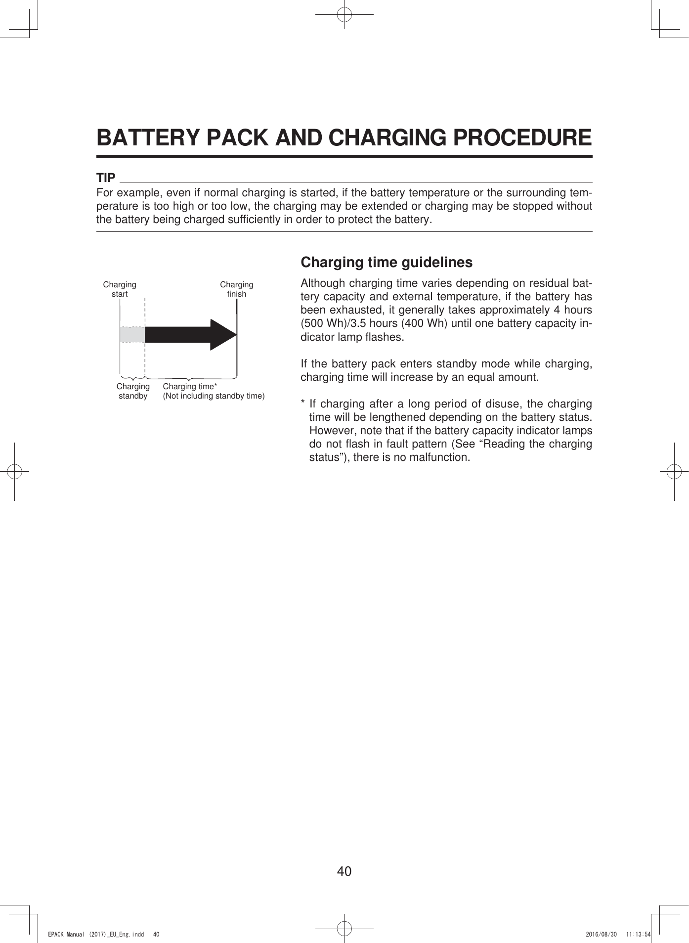 40BATTERY PACK AND CHARGING PROCEDURECharging time guidelinesAlthough charging time varies depending on residual bat-tery capacity and external temperature, if the battery has been exhausted, it generally takes approximately 4 hours (500 Wh)/3.5 hours (400 Wh) until one battery capacity in-dicator lamp flashes.If the battery pack enters standby mode while charging, charging time will increase by an equal amount.* If charging after a long period of disuse, the charging time will be lengthened depending on the battery status. However, note that if the battery capacity indicator lamps do not flash in fault pattern (See “Reading the charging status”), there is no malfunction.TIPFor example, even if normal charging is started, if the battery temperature or the surrounding tem-perature is too high or too low, the charging may be extended or charging may be stopped without the battery being charged sufficiently in order to protect the battery.Charging start Charging finishCharging standby Charging time*(Not including standby time)(3$&amp;.0DQXDOB(8B(QJLQGG 