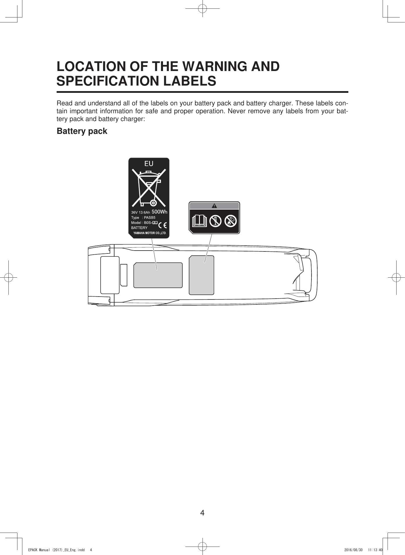 4LOCATION OF THE WARNING AND SPECIFICATION LABELSRead and understand all of the labels on your battery pack and battery charger. These labels con-tain important information for safe and proper operation. Never remove any labels from your bat-tery pack and battery charger:Battery pack(3$&amp;.0DQXDOB(8B(QJLQGG 