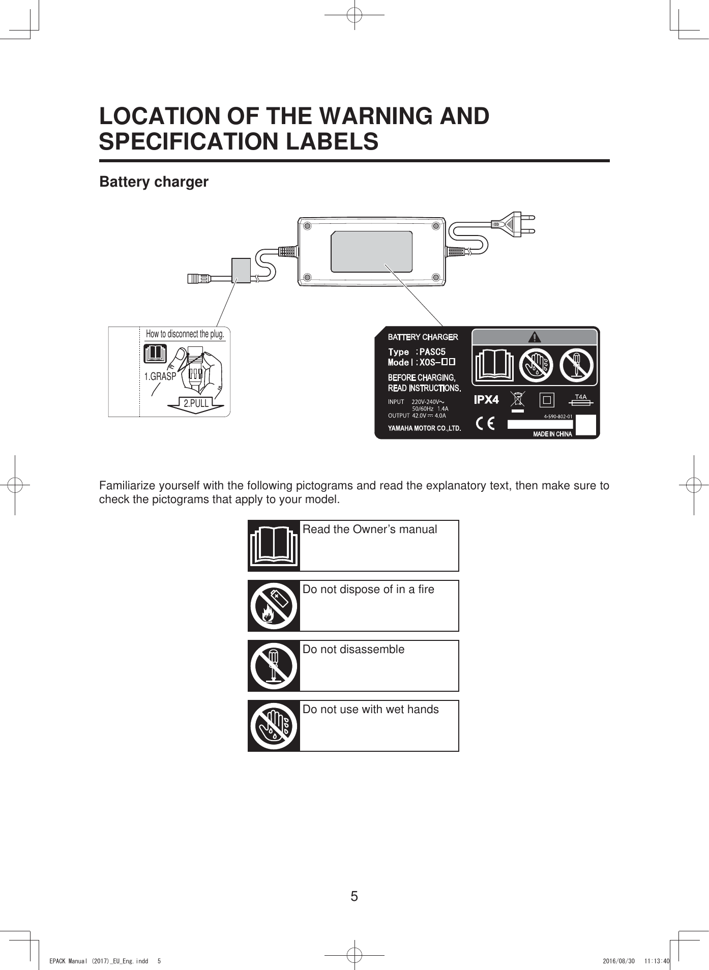5LOCATION OF THE WARNING AND SPECIFICATION LABELSHow to disconnect the plug.1.GRASP2.PULLFamiliarize yourself with the following pictograms and read the explanatory text, then make sure to check the pictograms that apply to your model.Read the Owner’s manualDo not dispose of in a fireDo not disassembleDo not use with wet handsBattery charger(3$&amp;.0DQXDOB(8B(QJLQGG 