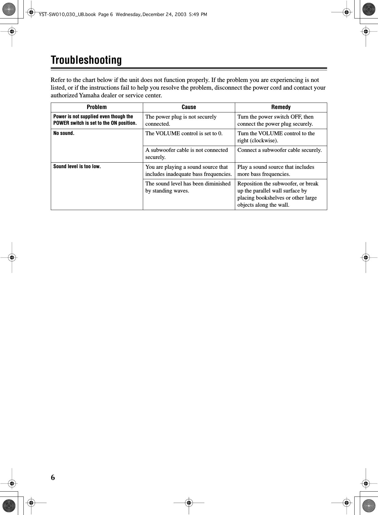 Page 10 of 12 - Yamaha  YST-SW010 Owner's Manual 01 Om