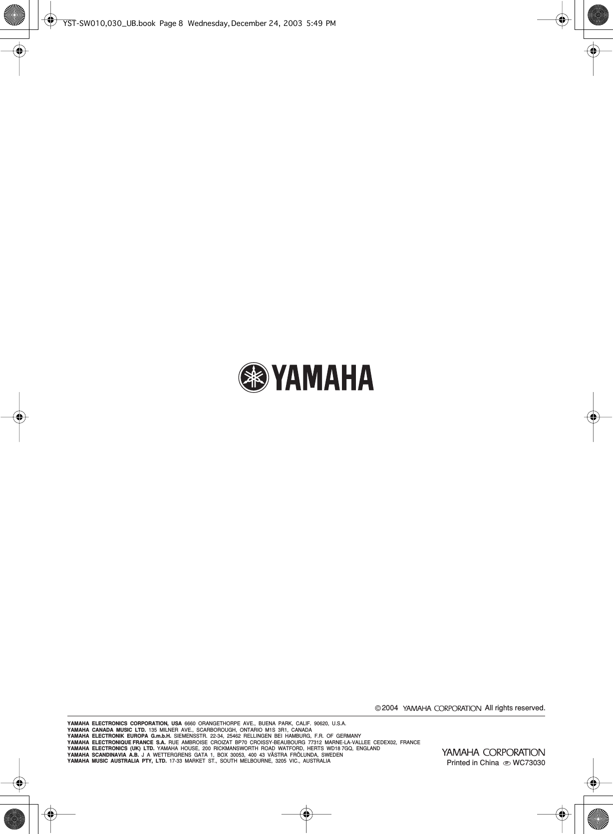 Page 12 of 12 - Yamaha  YST-SW010 Owner's Manual 01 Om