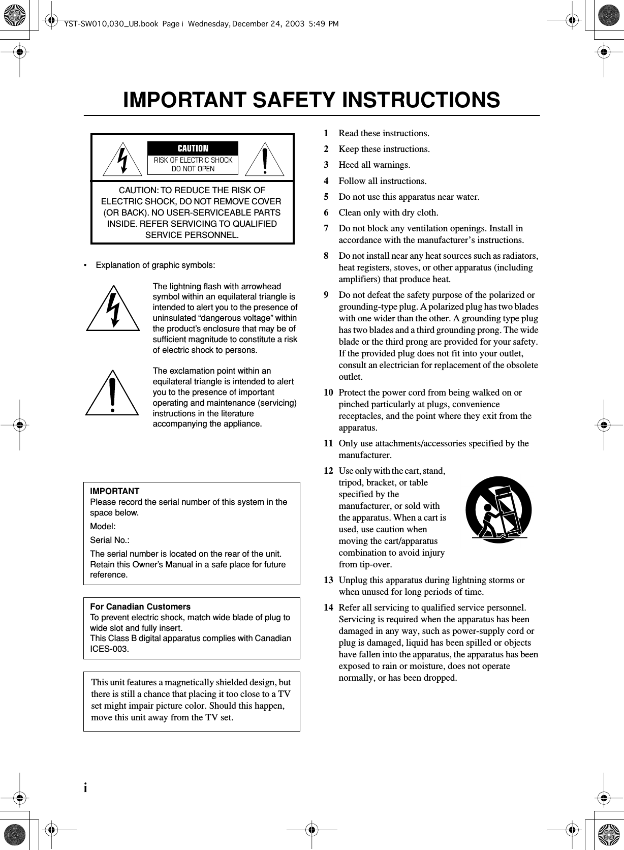 Page 2 of 12 - Yamaha  YST-SW010 Owner's Manual 01 Om