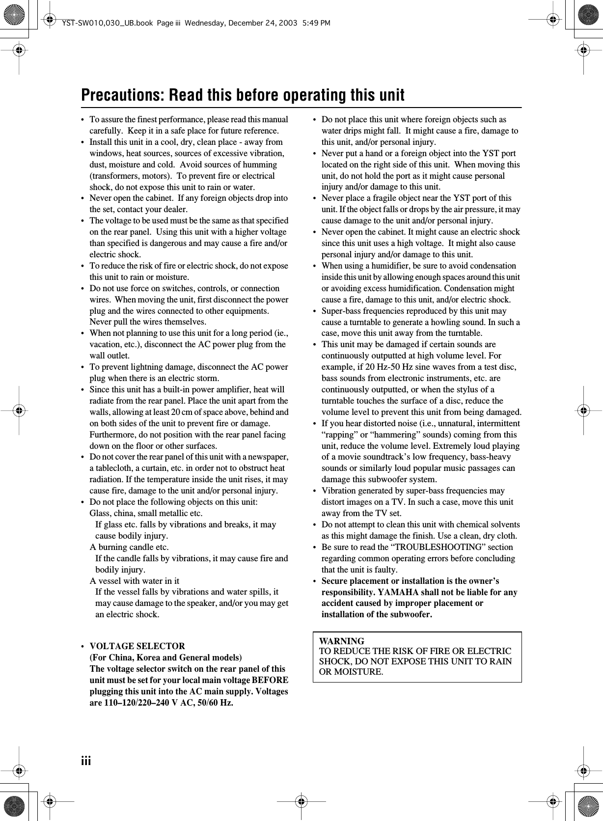 Page 4 of 12 - Yamaha  YST-SW010 Owner's Manual 01 Om