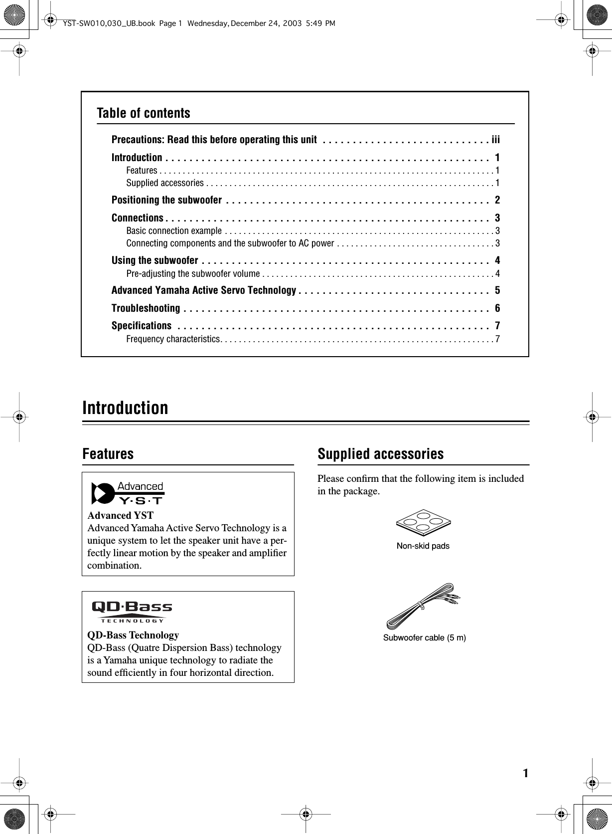 Page 5 of 12 - Yamaha  YST-SW010 Owner's Manual 01 Om