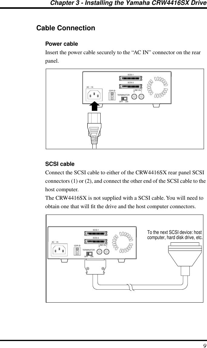 Chapter 3 - Installing the Yamaha CRW4416SX Drive9Cable ConnectionPower cableInsert the power cable securely to the “AC IN” connector on the rear panel.SCSI cableConnect the SCSI cable to either of the CRW4416SX rear panel SCSI connectors (1) or (2), and connect the other end of the SCSI cable to the host computer. The CRW4416SX is not supplied with a SCSI cable. You will need to obtain one that will ﬁt the drive and the host computer connectors.AC   I N1SCSI-1SCSI-2LINE OUTCDR ID LRTERMINATOROFF ONAC   I N1SCSI-1SCSI-2LINE OUTCDR ID LRTERMINATOROFF ONTo the next SCSI device: host computer, hard disk drive, etc.