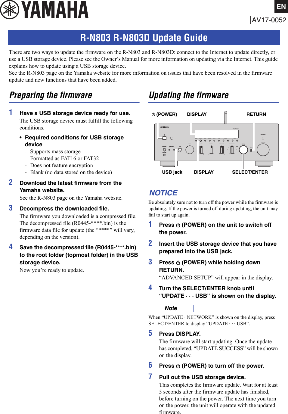 Page 1 of 3 - Yamaha R-N803/N-803D Firmware Update Installation Manual AV RN803 N803D