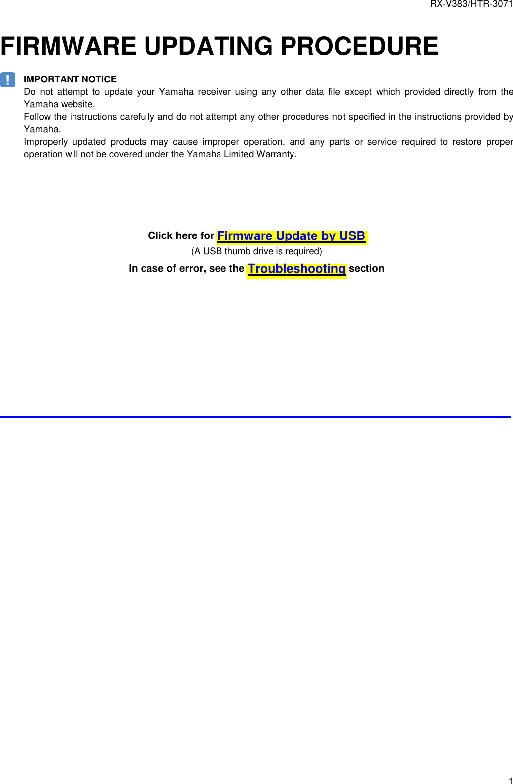 Page 1 of 4 - Yamaha Choose From The Following 2 Methods To Update La Firmware RXV383/HTR3071 Installation Manual AV RXV383 HTR3071 User
