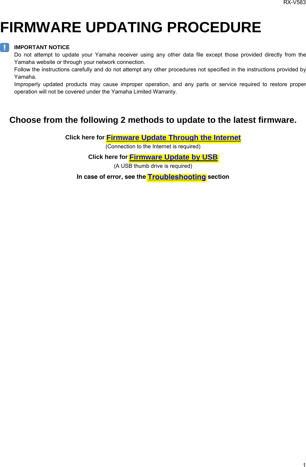 Page 1 of 6 - Yamaha  AV_RXV583_User Firmware Manual AV RXV583 User