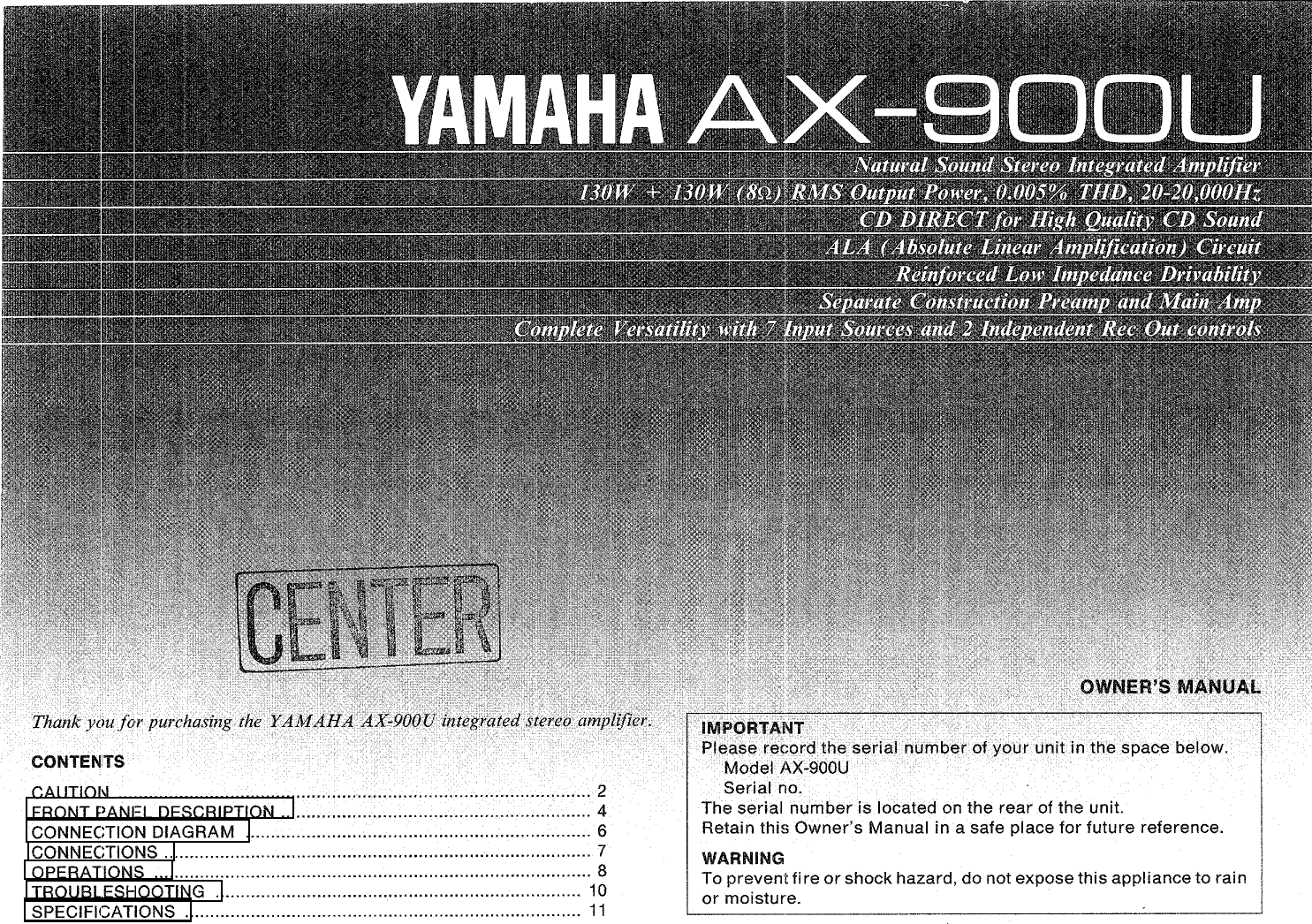 Page 1 of 12 - Yamaha .橡.ページ) AX-900 OWNER'S MANUAL