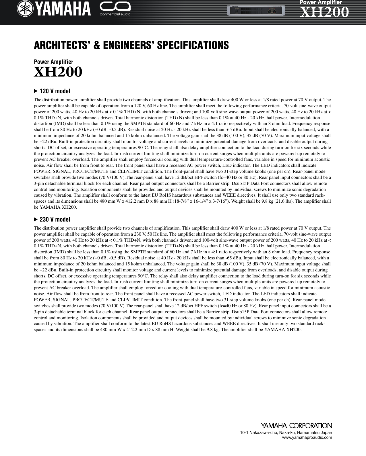 Page 1 of 1 - Yamaha Aande-Specifications-Xh200-Series-Specifications Architects' & Engineers' Specifications XH200  Yamaha-aande-specifications-xh200-series-specifications