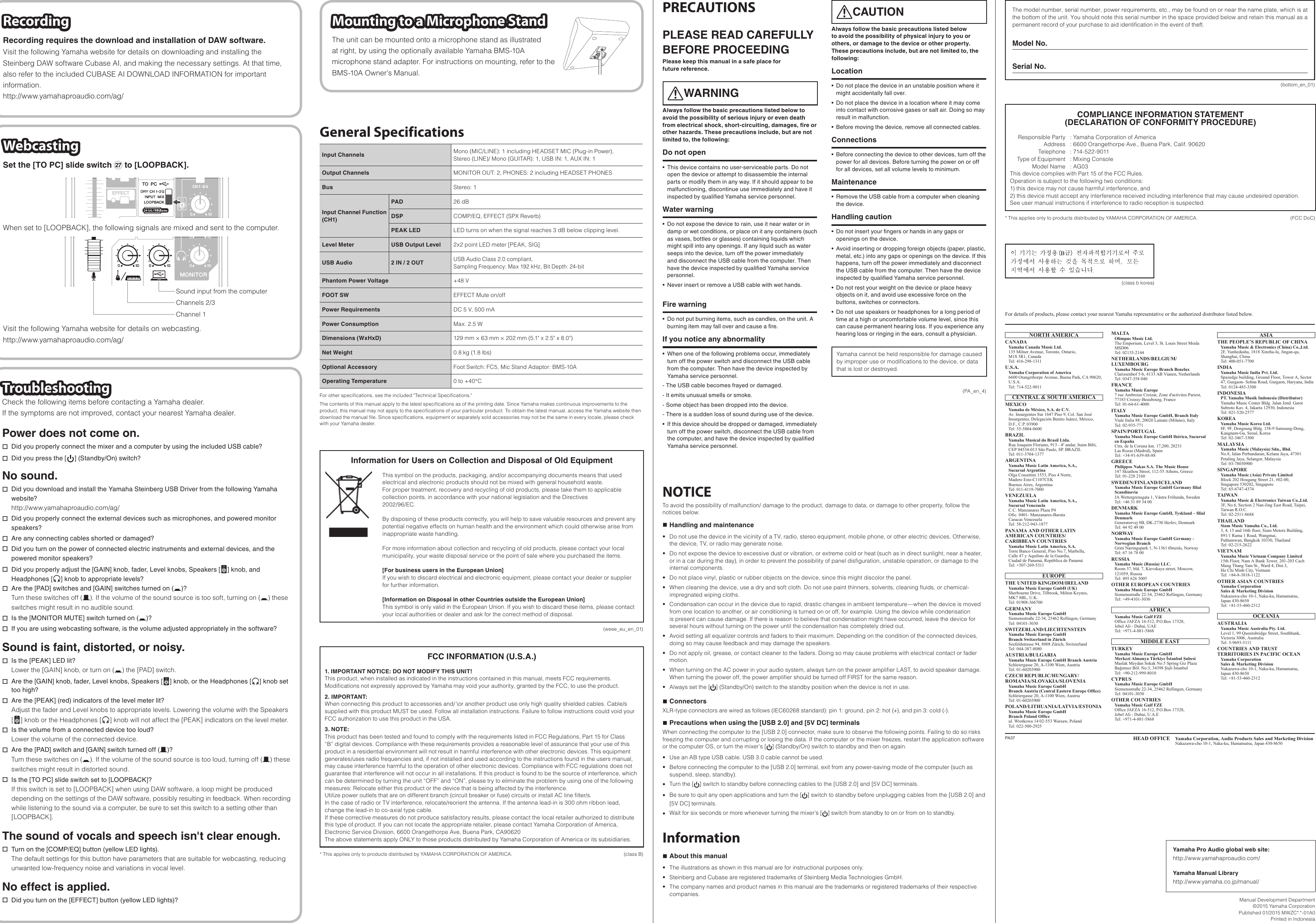 Page 2 of 2 - Yamaha Ag03-Owners-Manual AG03 Owner's Manual  Yamaha-ag03-owners-manual