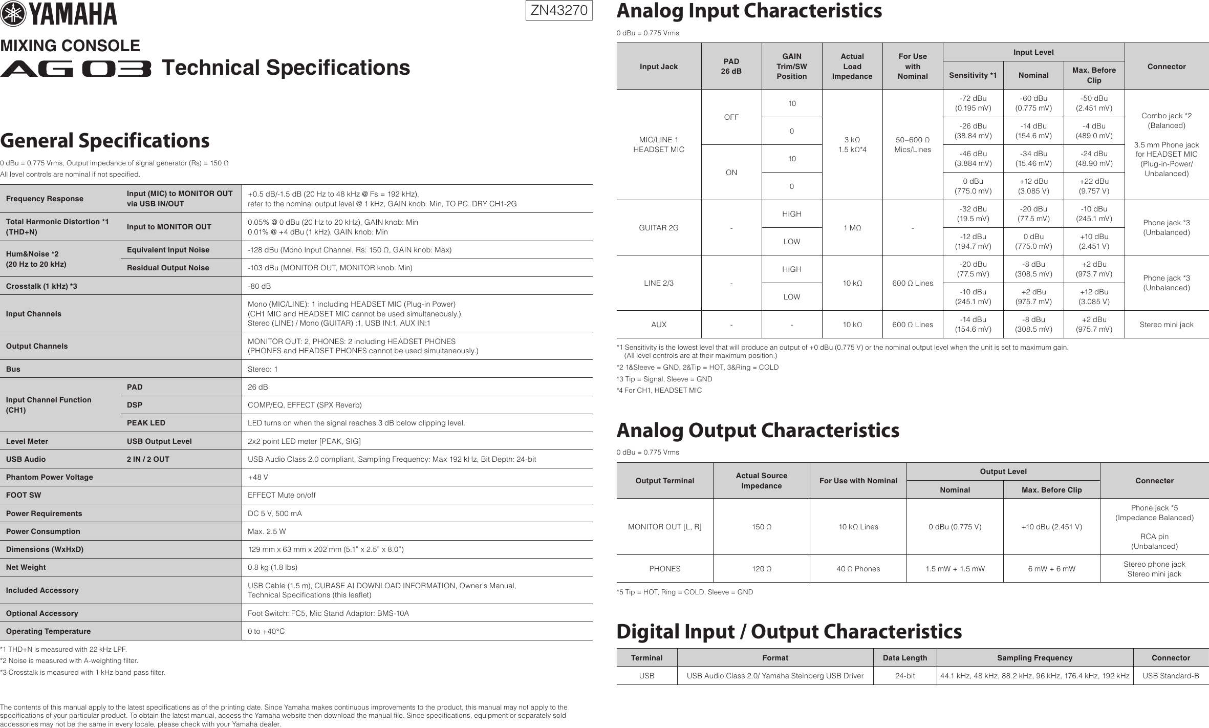 Page 1 of 2 - Yamaha Ag03-Specifications AG03 Technical Specifications  Yamaha-ag03-specifications