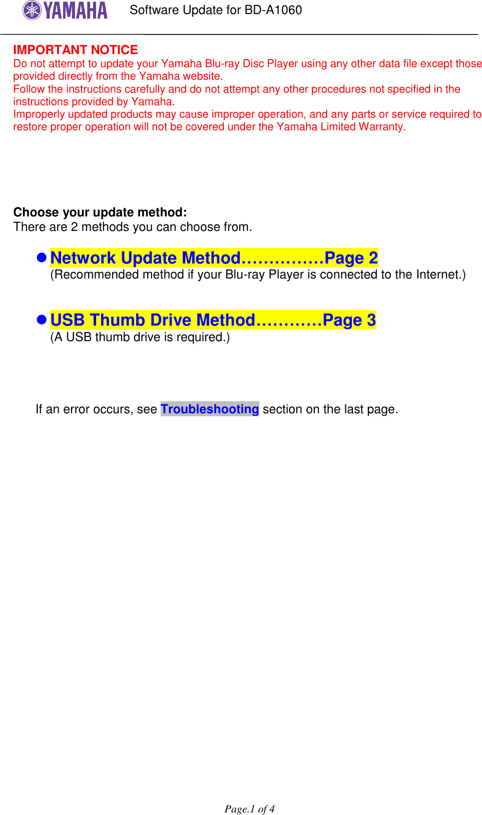 Page 1 of 4 - Yamaha User Firmware Update Procedure BD-A1060 Software Installation Manual