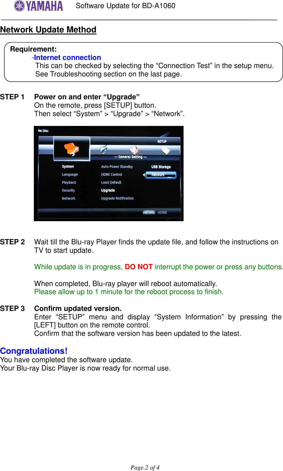 Page 2 of 4 - Yamaha User Firmware Update Procedure BD-A1060 Software Installation Manual