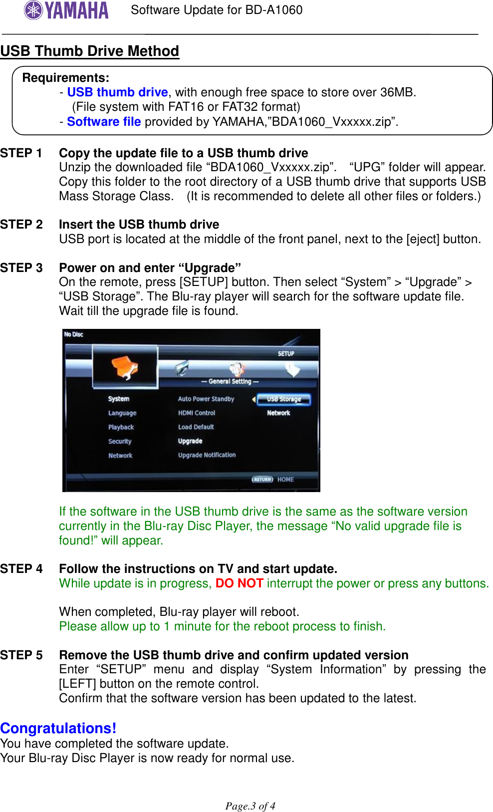 Page 3 of 4 - Yamaha User Firmware Update Procedure BD-A1060 Software Installation Manual