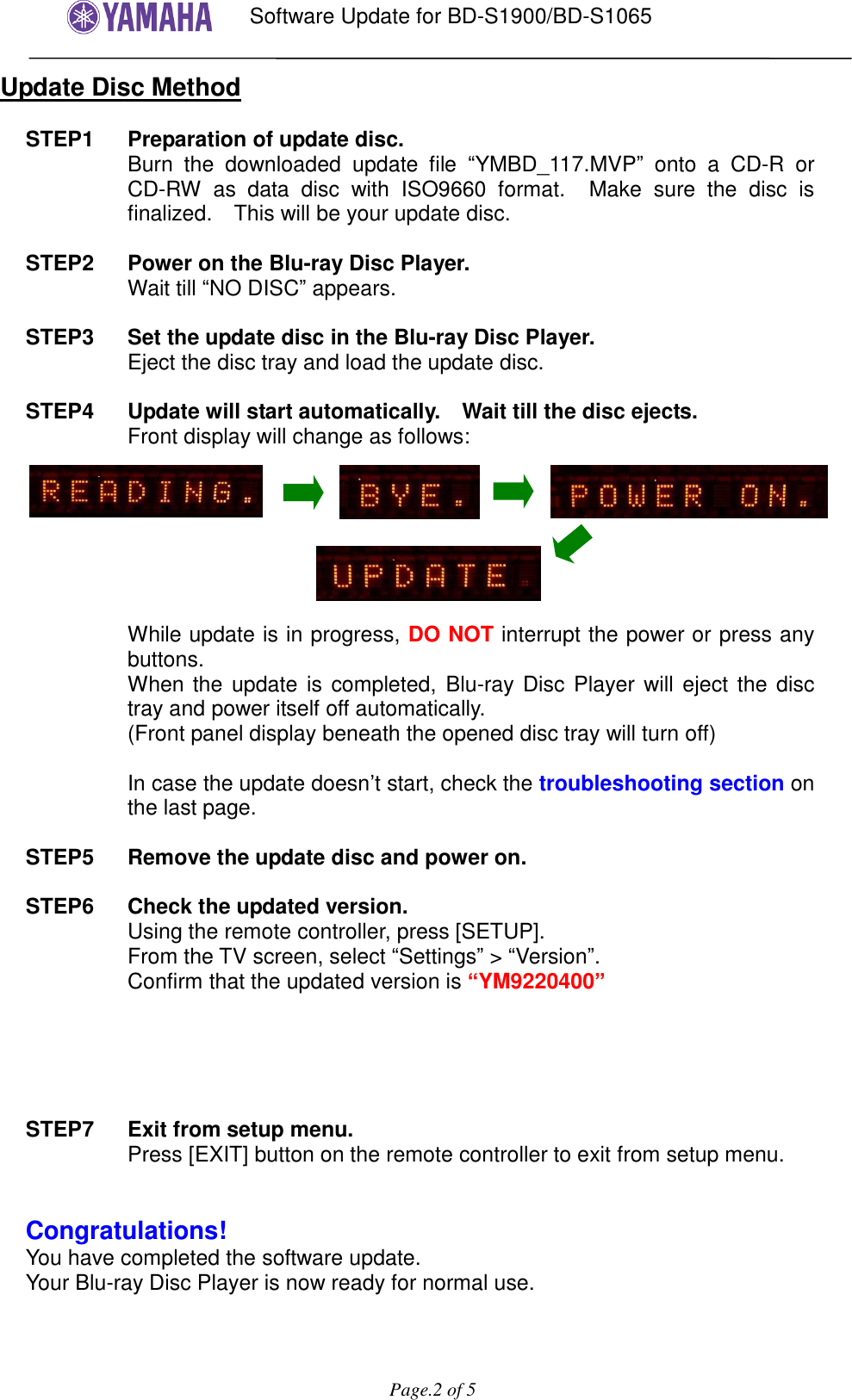 Page 2 of 5 - Yamaha User Firmware Update Procedure BD-S1900_BD-S1065 Software Version 1.17_Installation_Manual BDS1900 1065 Installation Manual