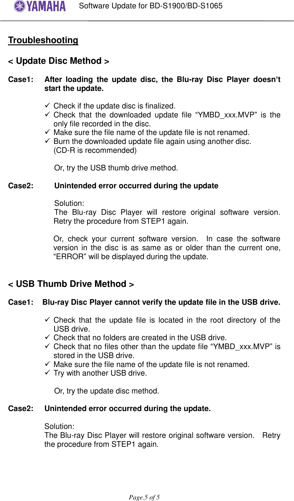 Page 5 of 5 - Yamaha User Firmware Update Procedure BD-S1900_BD-S1065 Software Version 1.17_Installation_Manual BDS1900 1065 Installation Manual