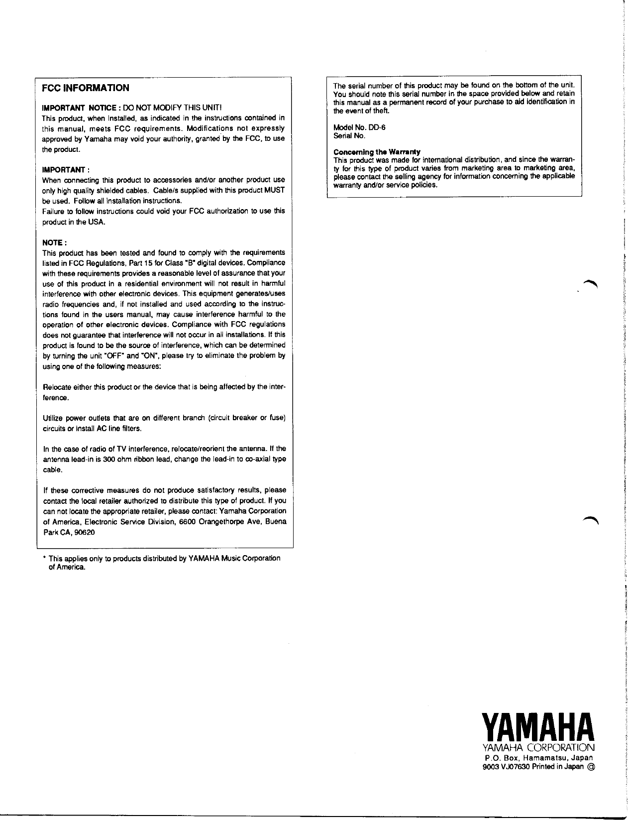 Page 8 of 8 - Yamaha DD-6 Owner's Manual (Image) DD6E