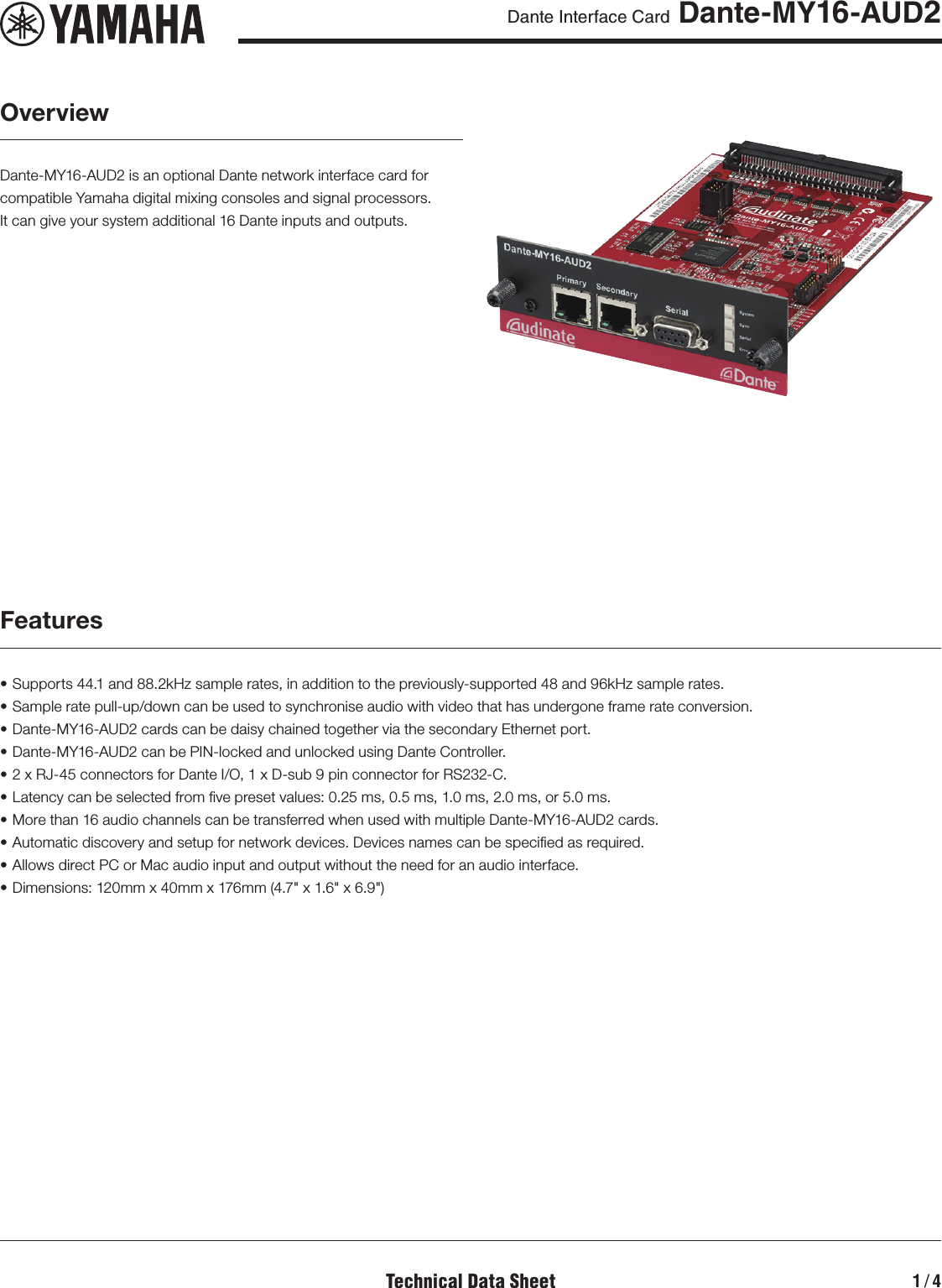 Page 1 of 4 - Yamaha Dante-MY16-AUD2 Data Sheet (Dante-MY16-AUD2) Datasheet