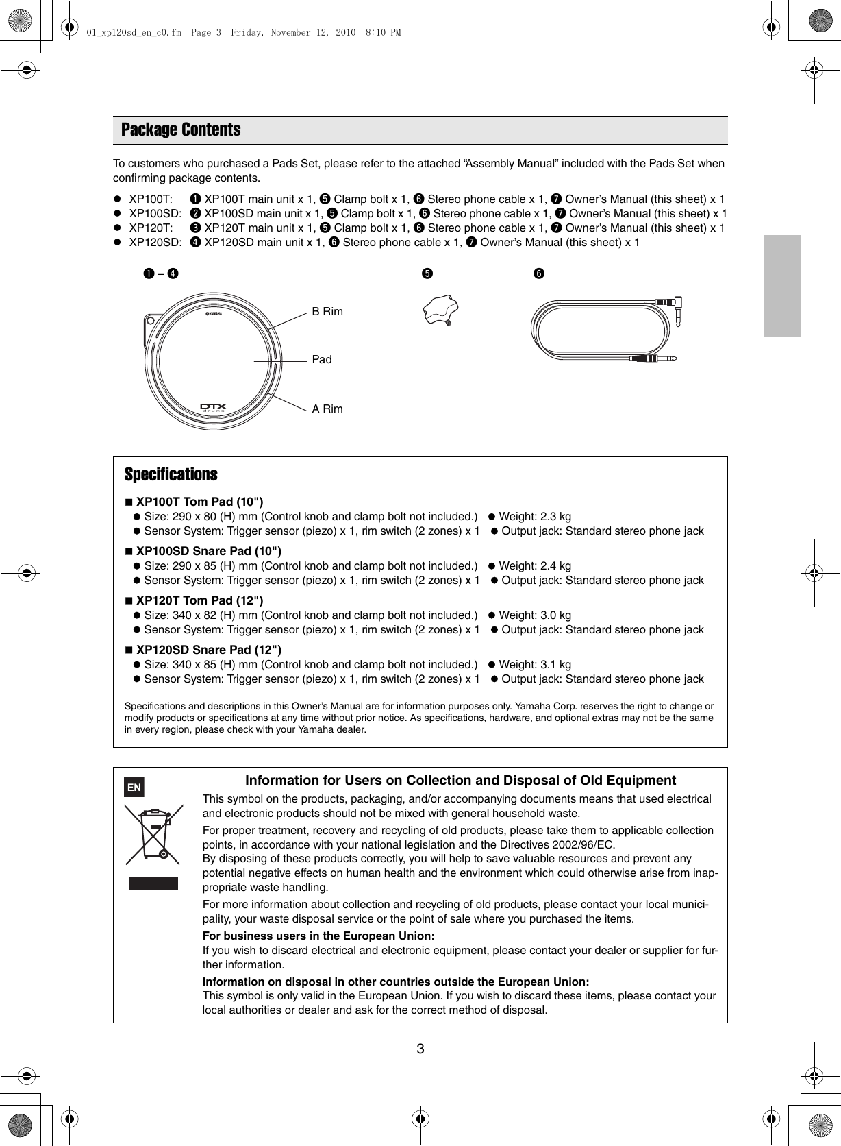 Yamaha Dtx Xp100Sd Users Manual XP100T/100SD/120T/120SD Owner's