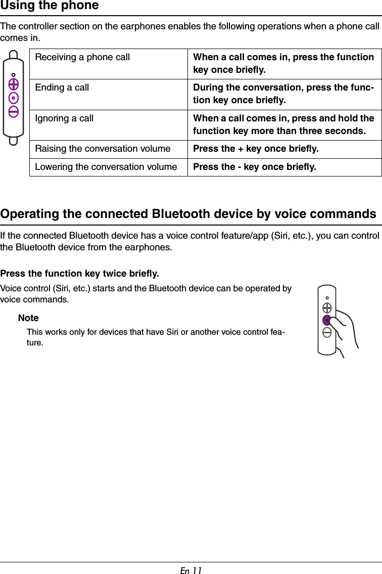 En 11Using the phoneThe controller section on the earphones enables the following operations when a phone call comes in.Operating the connected Bluetooth device by voice commandsIf the connected Bluetooth device has a voice control feature/app (Siri, etc.), you can control the Bluetooth device from the earphones.Press the function key twice briefly.Voice control (Siri, etc.) starts and the Bluetooth device can be operated by voice commands.NoteThis works only for devices that have Siri or another voice control fea-ture.Receiving a phone call When a call comes in, press the function key once briefly.Ending a call During the conversation, press the func-tion key once briefly.Ignoring a call When a call comes in, press and hold the function key more than three seconds.Raising the conversation volume Press the + key once briefly.Lowering the conversation volume Press the - key once briefly.
