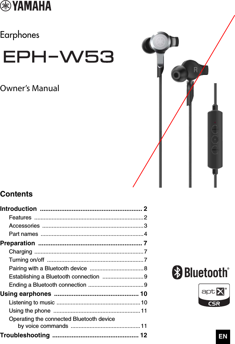 Yamaha EPHW53A Bluetooth Earphones User Manual