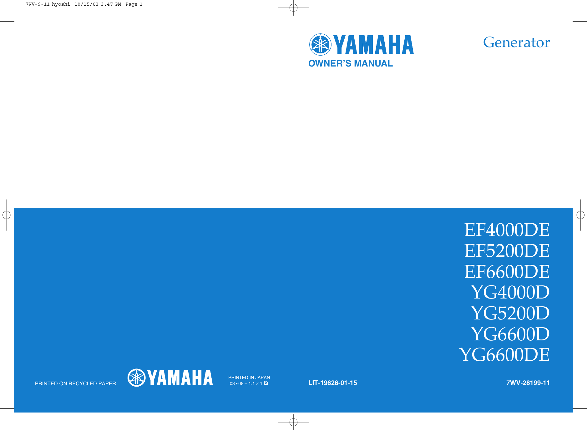 Yamaha Ef4000De Users Manual EF4000DE, EF5200DE, EF6600DE, YG4000D