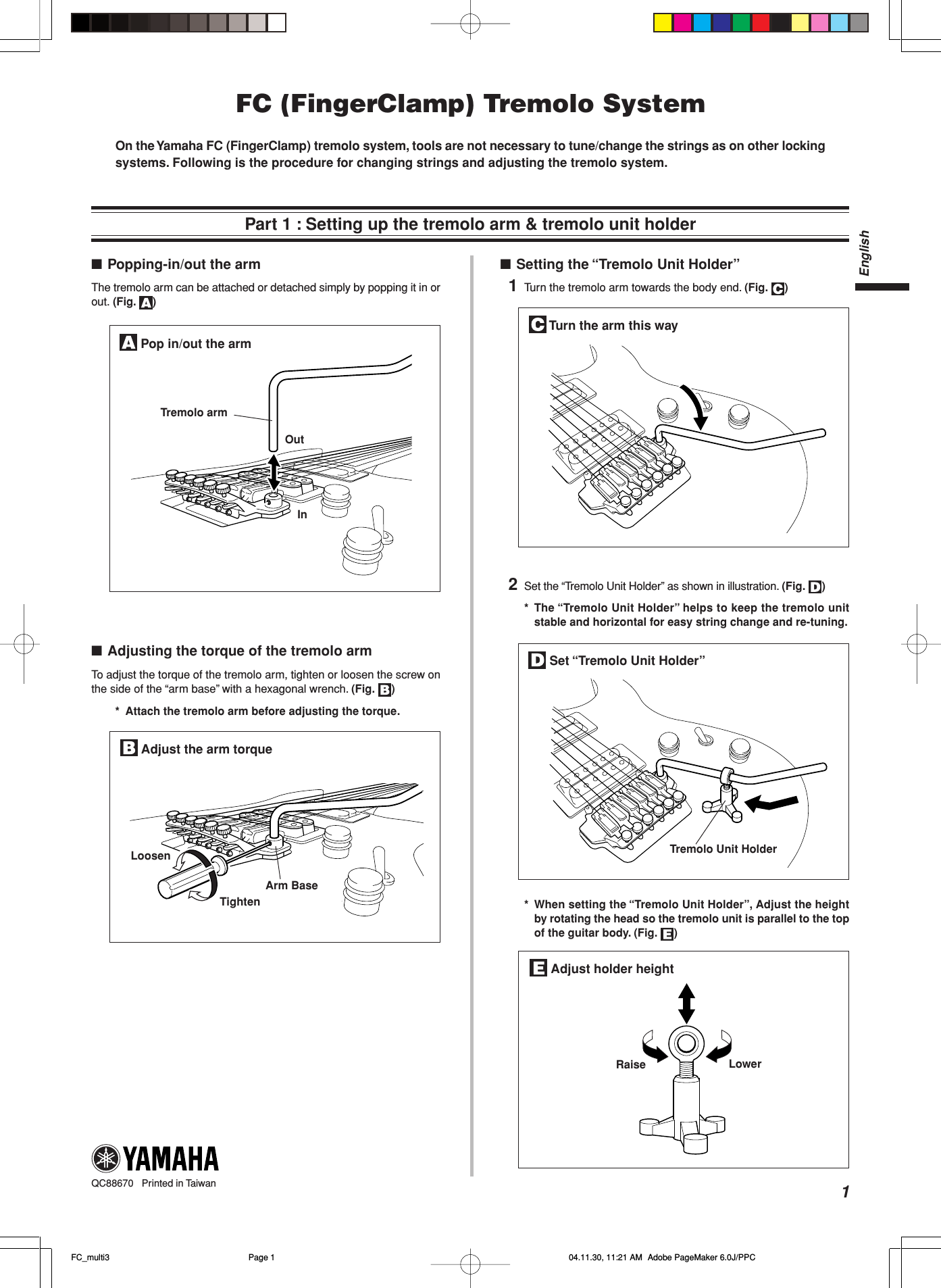 Page 1 of 4 - Yamaha  Finger Clamp Tremolo System Owner's Manual QC88670 EN