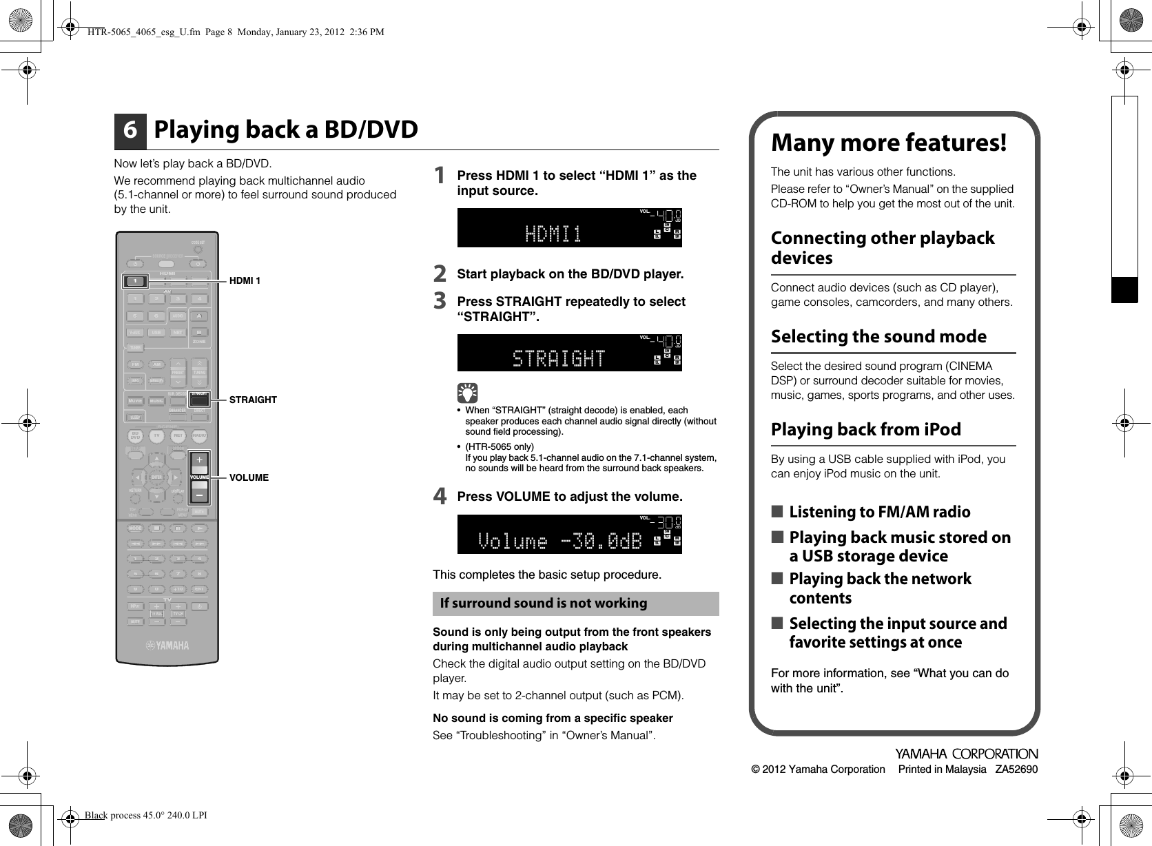 Page 8 of 8 - Yamaha HTR-5065/HTR-4065 Easy Setup Guide HTR-5065 4065 Esg U