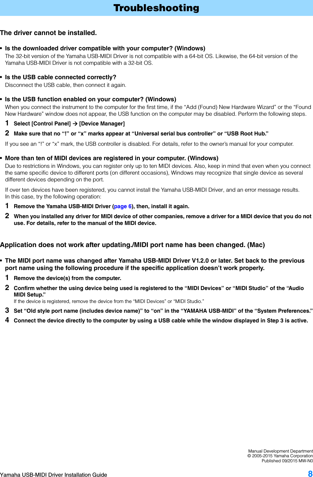 Page 8 of 8 - Yamaha USB MIDI Driver Installation Guide USB-MIDI En