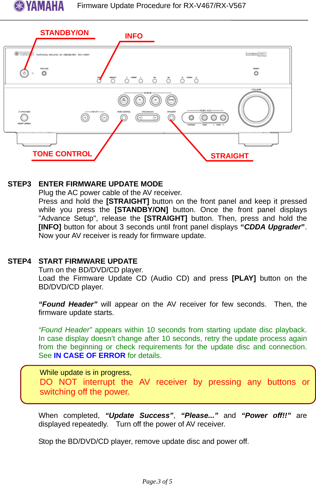 Page 3 of 5 - Yamaha - RXV467_567 Firmware Update Ver_E017 Rev4_YCA Installation Manual: RX-V467/RX-V567 Version E017 Manual