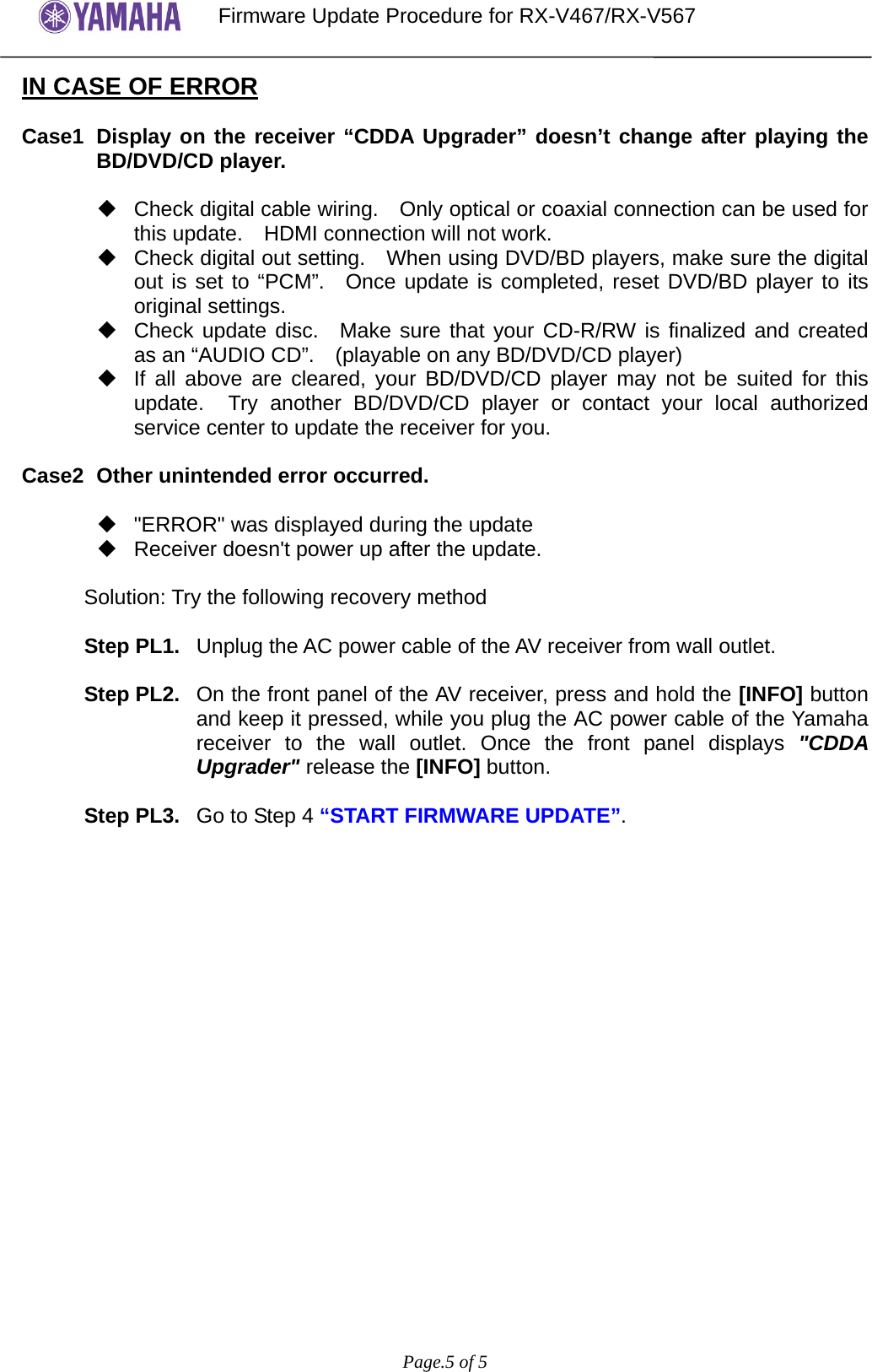 Page 5 of 5 - Yamaha - RXV467_567 Firmware Update Ver_E017 Rev4_YCA Installation Manual: RX-V467/RX-V567 Version E017 Manual
