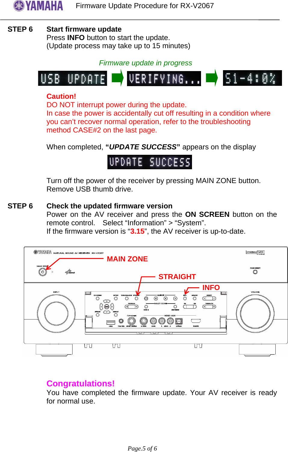 Page 5 of 6 - Yamaha - RXV2067_FirmwareUpdate_V315 -OTH Rev3 RX-V2067 Firmware Update Ver. 3.15_Installation_Manual_For_Other_Area_Than_Europe Installation Manual For Other Area Then Europe